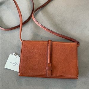 Cognac leather wallet clutch with removable straps